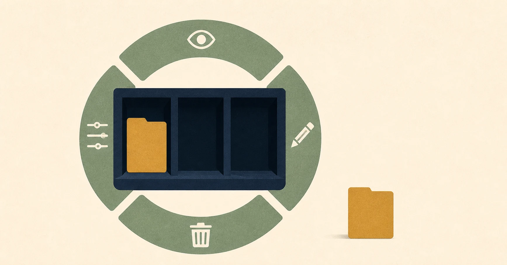 Stylized illustration of a folder moving into a compartmentalized memory system surrounded by view, edit, settings, and delete controls.